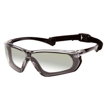Adjustable Safety Glasses, 130.5 mm wd, 170 mm lg, 2 mm thk, Anti-Fog, I/O Mirror, Vented Frame, Black-Gray