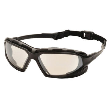 Safety Glasses, 136.5 mm wd, 166 mm lg, 2.3 mm thk, Anti-Fog, I/O Mirror, Vented Frame, Black-Gray