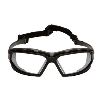 Safety Glasses, 136.5 mm wd, 166 mm lg, 2.3 mm thk, Anti-Fog, I/O Mirror, Vented Frame, Black-Gray