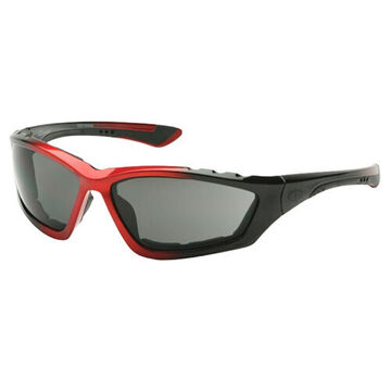 Safety Glasses, 136 mm wd, 116 mm lg, 10 mm thk, Anti-Fog, Gray, Framed, Black-Red