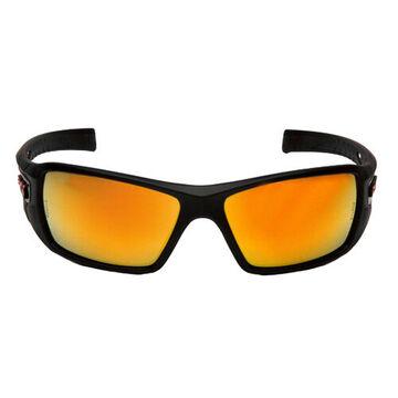 Standard Safety Glasses, 127 mm wd, 160 mm lg, 2.2 mm thk, Ice Orange Mirror, Full Frame, Black-Red