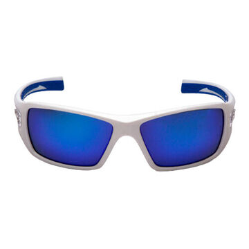 Standard Safety Glasses, 127 mm wd, 160 mm lg, 2.2 mm thk, Ice Blue Mirror, Full Frame, White-Blue
