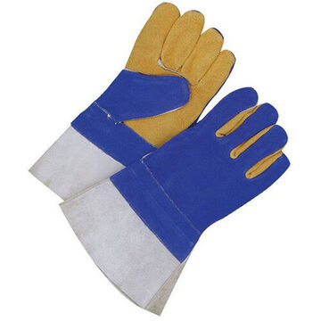 Gants de soudage, 2X-Large, Paume en cuir de vache fendu, Bleu/Or, Coupe Gunn, Pouce ailé, Dos en cuir de vache fendu, Couture en Kevlar