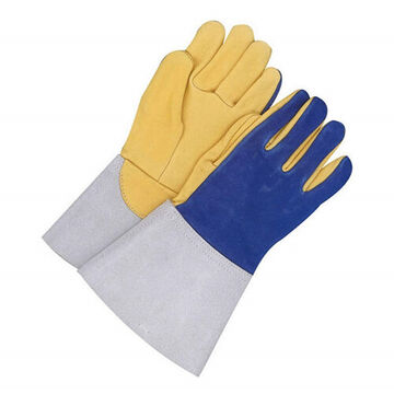 Gants de soudage TIG, No. 10/moyen, paume en peau de daim, bleu/jaune, manchette grise, main gauche et droite, pouce droit, manchette en cuir de vachette, peau de daim