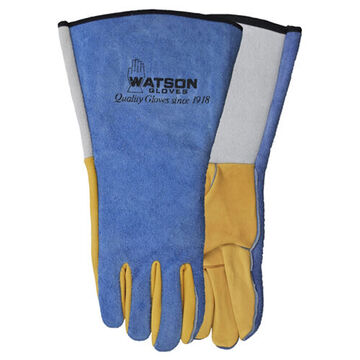 Yellow Tail Welding Gloves, Large, Deerskin Leather Palm, Blue/Tan, Leather