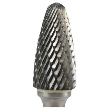 Grinding Carbide Burr, Ball Nose Cone, 1/2 in Burr dia, 1-1/8 in Burr lg, 2 in lg, Double Cut