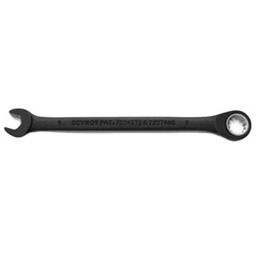 Reversible, Spline Combination Wrench, 9 mm, Ratcheting, 12 Points, 6 in lg, 15 deg