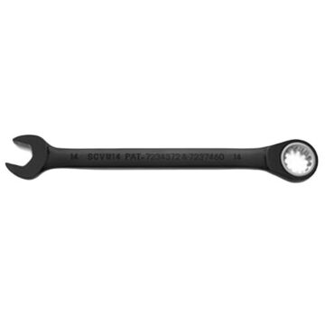 Reversible, Spline Combination Wrench, 14 mm, Ratcheting, 12 Points, 7-1/2 in lg, 15 deg