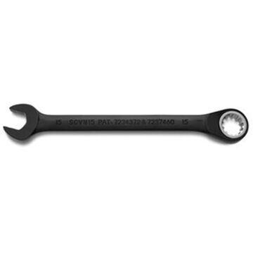 Reversible, Spline Combination Wrench, 15 mm, Ratcheting, 12 Points, 7-3/4 in lg, 15 deg