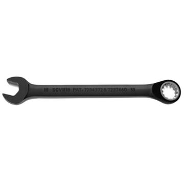 Reversible, Spline Combination Wrench, 18 mm, Ratcheting, 12 Points, 9-1/4 in lg, 15 deg