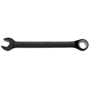 Reversible, Spline Combination Wrench, 19 mm, Ratcheting, 12 Points, 9-3/4 in lg, 15 deg