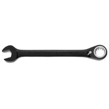 Reversible, Spline Combination Wrench, 24 mm, Ratcheting, 12 Points, 12-3/4 in lg, 15 deg