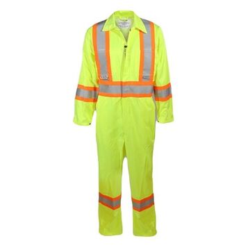 High Visibilty Traffic Safety Coverall, L, Lime Green, Poly/Cotton, 27-1/2 in Chest