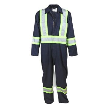 Traffic Safety Coverall, L, Navy Blue, 100% Cotton