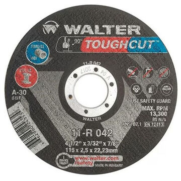 Type 1 Cut-Off Wheel, 5 in dia, 3/32 in thk, 7/8 in Arbor/Shank, 30 Grit, Aluminum Oxide Abrasive