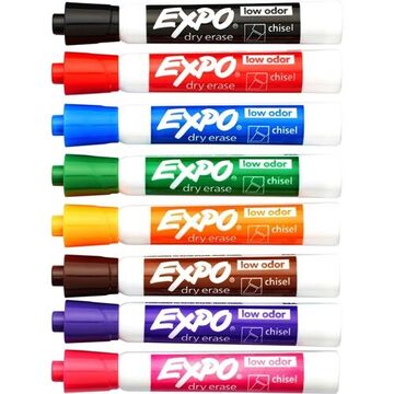 Low-Odor, Assorted Dry Erase Marker, Black, Red, Blue, Green, Orange, Brown, Purple, Pink, Chisel