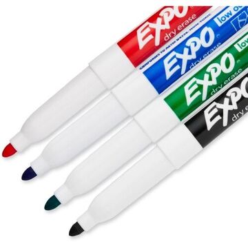 Low-Odor, Assorted Dry Erase Marker, Green, Blue, Red, Black, Fine