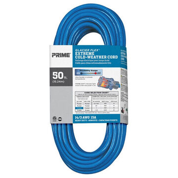 Extreme Cold Weather Extension Cord, 125 V, 15 A, 1875 W, 14/3 SJTW Cord, 50ft Cord lg