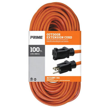 Outdoor Extension Cord, 125 V, 10 A, 1250 W, 16/3 SJTW Cord, 100 ft Cord lg, 3 Conductors