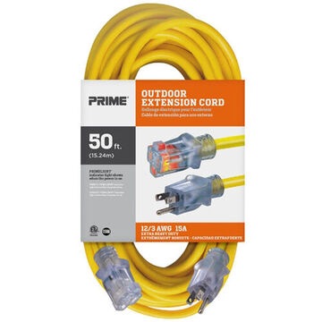 Outdoor Extension Cord, 125 V, 10 A, 1250 W, 12/3 SJTW Cord, 50 ft Cord lg, 3 Conductors