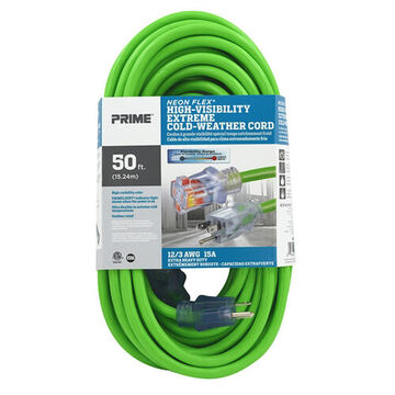 High Visibility Outdoor Extension Cord, 125 V, 15 A, 1875 W, 12/3 SJTW Cord, 50 ft Cord lg, 3 Conductors