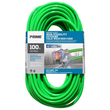 High Visibility Outdoor Extension Cord, 125 V, 15 A, 1875 W, 12/3 SJTW Cord, 100 ft Cord lg, 3 Conductors