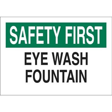 Eye Wash Fountain First Aid Sign, 10 in ht, 14 in wd, Black, Green on White, Polystyrene, Corner Holes