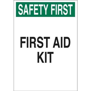 First Aid Kit First Aid Sign, 14 in ht, 10 in wd, Black, Green on White, Polystyrene, Corner Holes