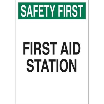 First Aid Station First Aid Sign, 10 in ht, 7 in wd, Black, Green on White, Polystyrene, Corner Holes