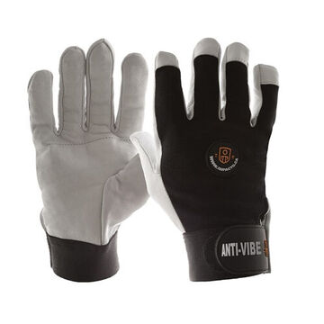 Anti-Vibration Gloves, L, Soft Pearl Leather Palm, Black, White, Full-Finger, Nylon