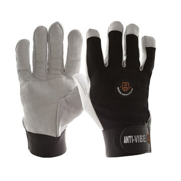 Gants anti-vibrations, L, paume en cuir perlé doux, noir, blanc, doigts entiers, nylon