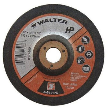 High Performance Grinding Wheel, 6 in dia, 1/4 in thk, 7/8 in Arbor/Shank, 24 Grit, Aluminum Oxide Abrasive