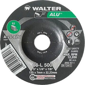 Depressed Centre Grinding Wheel, 5 in dia, 1/4 in thk, 7/8 in Arbor/Shank, 24 Grit, Aluminum Oxide Abrasive