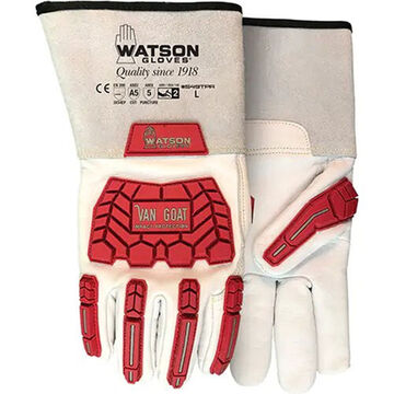 Gloves 5-finger, Wing Thumb, Gunn Cut, Full Grain Goatskin Leather Palm, Red, White