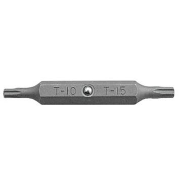 Double Ended Security Bit Insert Bit, Torx Pin, #10 to #15 Point, 2 in lg, Hex, S2 Steel