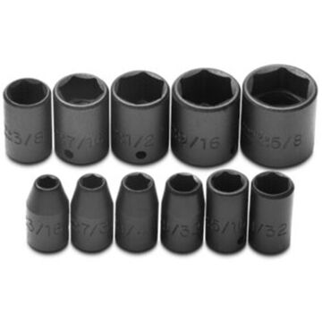 Standard Length Impact Socket Set, 6-Point, 1/4 in Square Drive, 11 Pieces, Alloy Steel, Black Oxide