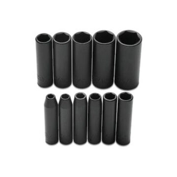 Deep Length Impact Socket Set, 6-Point, 1/4 in Square Drive, 11 Pieces, Alloy Steel, Black Oxide
