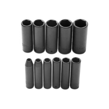 Deep Length Impact Socket Set, 6-Point, 1/4 in Square Drive, 11 Pieces, Alloy Steel, Black Oxide