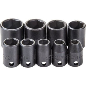 Standard Length Impact Socket Set, 6-Point, 3/8 in Square Drive, 9 Pieces, Alloy Steel, Black Oxide