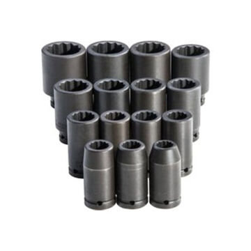 Deep Length Impact Socket Set, 12 point, 3/4 in Square Drive, 15 Pieces, Alloy Steel, Black Oxide