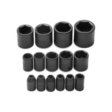 Standard Length Impact Socket Set, 6-Point, 3/8 in Square Drive, 15 Pieces, Alloy Steel, Black Oxide