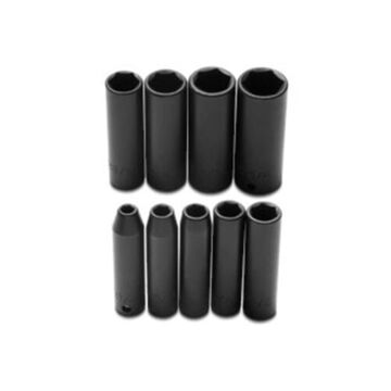 Deep Length Impact Socket Set, 6-Point, 3/8 in Square Drive, 9 Pieces, Alloy Steel, Black Oxide