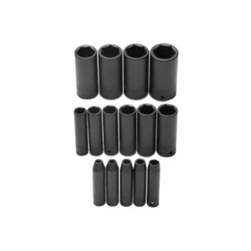 Deep Length Impact Socket Set, 6-Point, 3/8 in Square Drive, 15 Pieces, Alloy Steel, Black Oxide