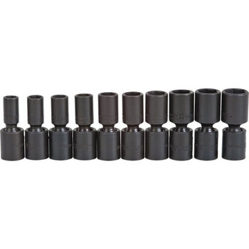 Universal Deep Length Impact Socket Set, 6-Point, 3/8 in Square Drive, 10 Pieces, Alloy Steel, Black Oxide