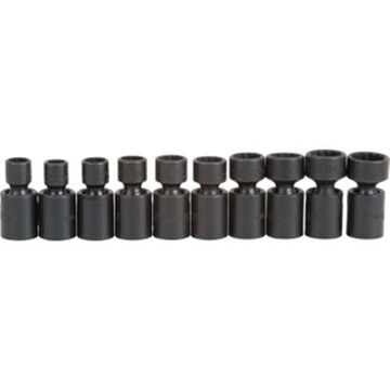 Standard Length Impact Socket Set, 12-Point, 3/8 in Square Drive, 10 Pieces, Alloy Steel, Black Oxide