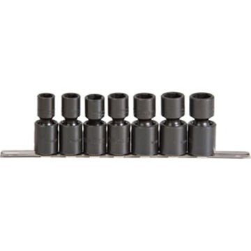 Universal Impact Socket Set, 6-Point, 1/2 in Square Drive, 7 Pieces, Alloy Steel, Black Oxide