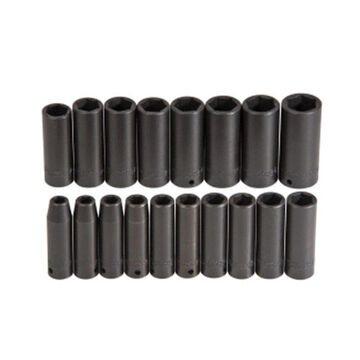 Universal Deep Length Impact Socket Set, 6-Point, 1/2 in Square Drive, 18 Pieces, Alloy Steel, Black Oxide