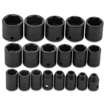 Universal Standard Length Impact Socket Set, 6-Point, 3/8 in Square Drive, 19 Pieces, Alloy Steel, Black Oxide
