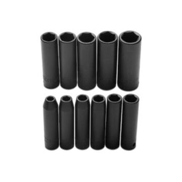 Deep Length Impact Socket Set, 6-Point, 3/8 in Square Drive, 11 Pieces, Alloy Steel, Black Oxide