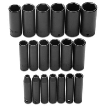 Deep Length Impact Socket Set, 6-Point, 3/8 in Square Drive, 19 Pieces, Alloy Steel, Black Oxide